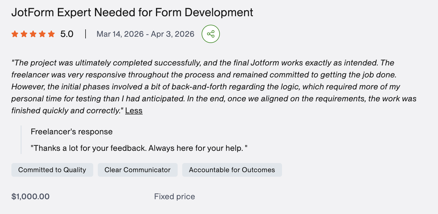 JotForm Expert - 5 star review
