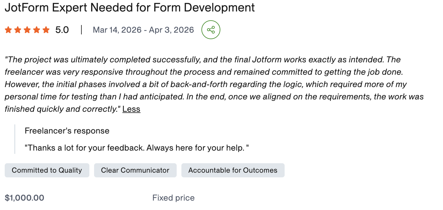 Jotform Form Development - 4 star review